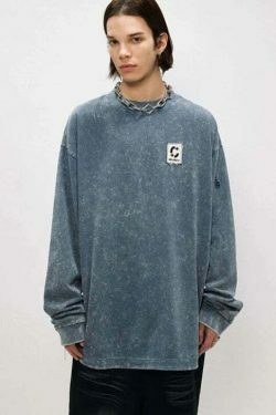 Vintage Acid Wash Ripped Long Sleeve: Y2K Grunge Aesthetic Top for Women