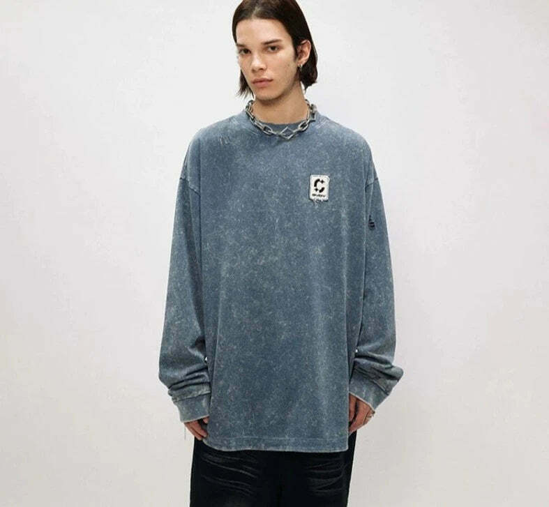 Vintage Acid Wash Ripped Long Sleeve: Y2K Grunge Aesthetic Top for Women