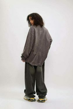 Vintage Acid Wash Ripped Long Sleeve: Y2K Grunge Aesthetic Top for Women