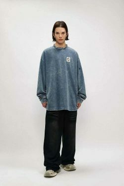 Vintage Acid Wash Ripped Long Sleeve: Y2K Grunge Aesthetic Top for Women