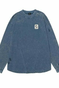 Vintage Acid Wash Ripped Long Sleeve: Y2K Grunge Aesthetic Top for Women