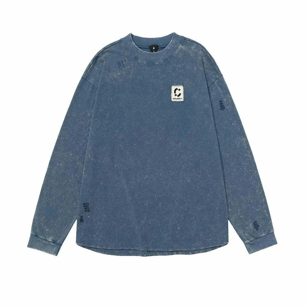 Vintage Acid Wash Ripped Long Sleeve: Y2K Grunge Aesthetic Top for Women