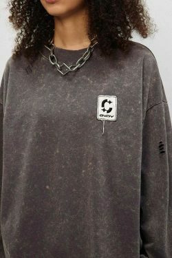 Vintage Acid Wash Ripped Long Sleeve: Y2K Grunge Aesthetic Top for Women