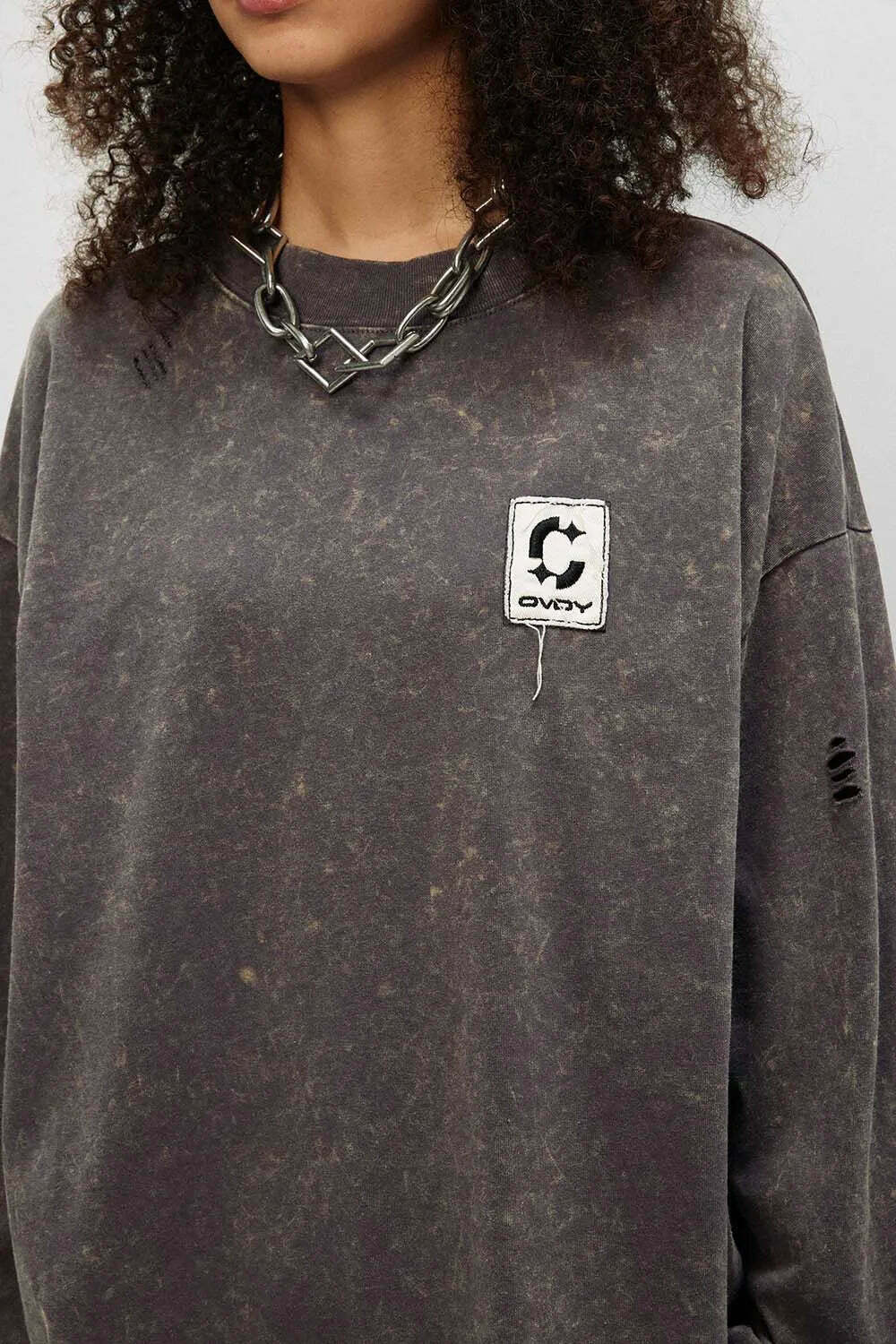 Vintage Acid Wash Ripped Long Sleeve: Y2K Grunge Aesthetic Top for Women