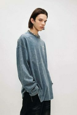 Vintage Acid Wash Ripped Long Sleeve: Y2K Grunge Aesthetic Top for Women