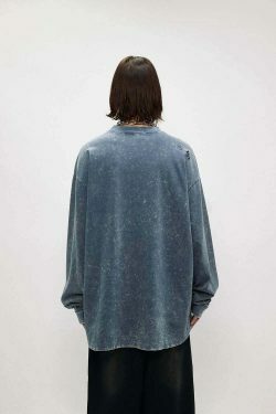 Vintage Acid Wash Ripped Long Sleeve: Y2K Grunge Aesthetic Top for Women