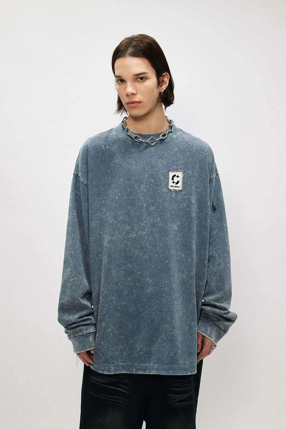 Vintage Acid Wash Ripped Long Sleeve: Y2K Grunge Aesthetic Top for Women