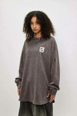 Vintage Acid Wash Ripped Long Sleeve: Y2K Grunge Aesthetic Top for Women