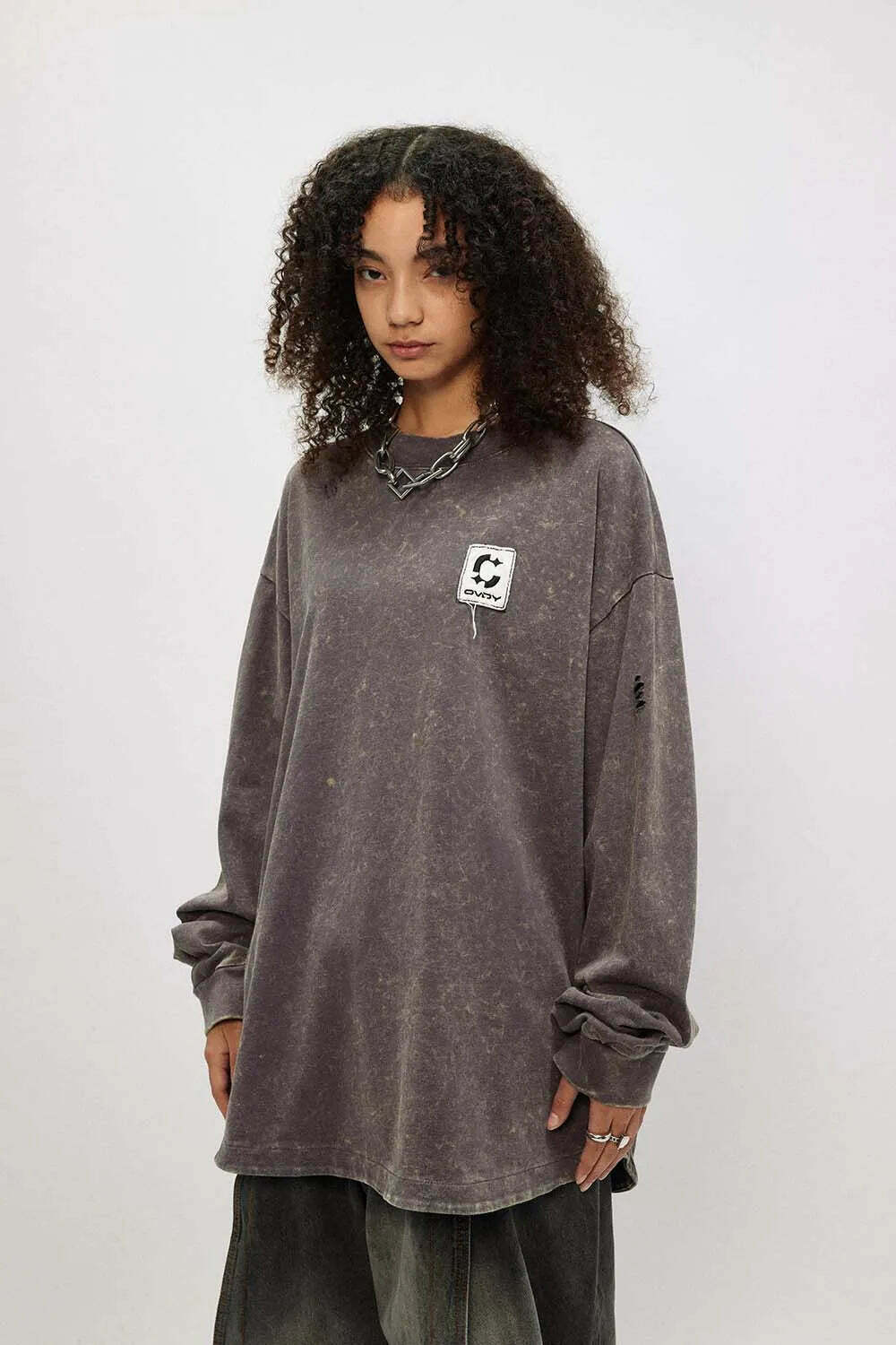 Vintage Acid Wash Ripped Long Sleeve: Y2K Grunge Aesthetic Top for Women