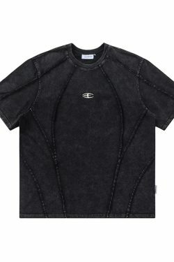 Vintage Acid Wash T-Shirt with Unique Seam Detail - Y2K Fashion Staple for Women