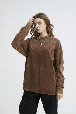 Vintage Acid Washed Long Sleeve Tee - Y2K Fashion Staple for Women - Coquette Aesthetic Grunge Style