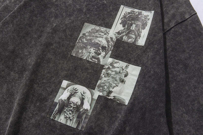 Vintage Acid Washed Statue Print T-Shirt with Side Zip - Y2K Fashion Aesthetic Vintage Acid Washed Statue Print T-Shirt with Side Zip - Y2K Fashion Aesthetic