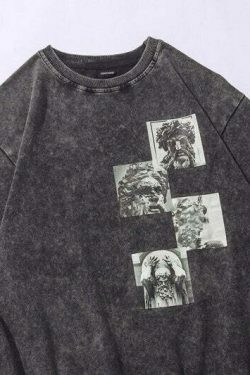 Vintage Acid Washed Statue Print T-Shirt with Side Zip - Y2K Fashion Aesthetic