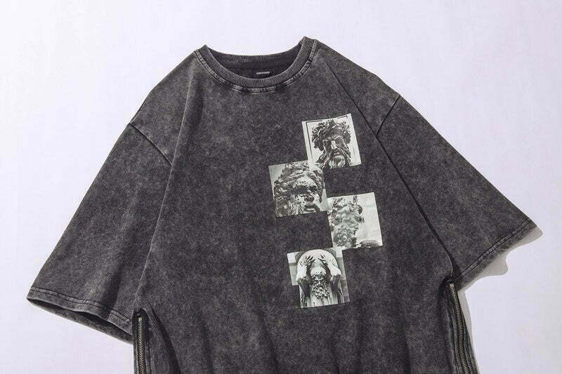 Vintage Acid Washed Statue Print T-Shirt with Side Zip - Y2K Fashion Aesthetic Vintage Acid Washed Statue Print T-Shirt with Side Zip - Y2K Fashion Aesthetic