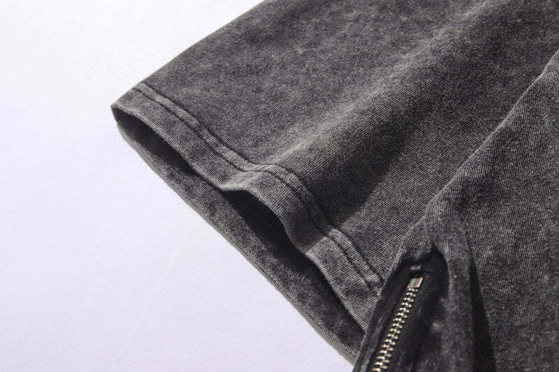 Vintage Acid Washed Statue Print T-Shirt with Side Zip - Y2K Fashion Aesthetic Vintage Acid Washed Statue Print T-Shirt with Side Zip - Y2K Fashion Aesthetic