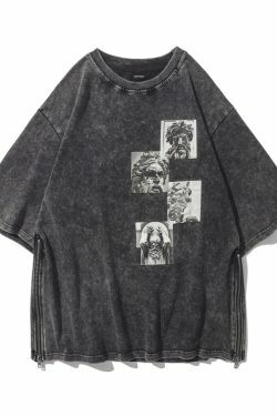 Vintage Acid Washed Statue Print T-Shirt with Side Zip - Y2K Fashion Aesthetic
