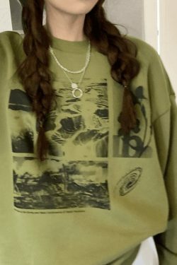 Vintage Aesthetic Landscape Print Crew Sweatshirt - Y2K Fashion Coquette Style Grunge Outfits