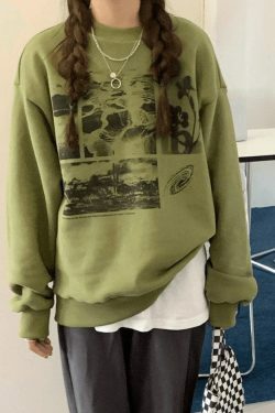 Vintage Aesthetic Landscape Print Crew Sweatshirt - Y2K Fashion Coquette Style Grunge Outfits