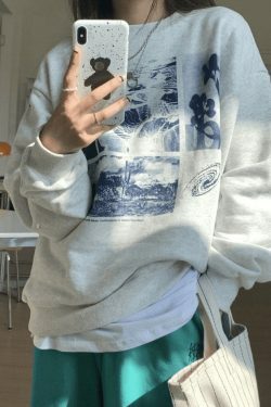 Vintage Aesthetic Landscape Print Crew Sweatshirt - Y2K Fashion Coquette Style Grunge Outfits