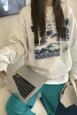 Vintage Aesthetic Landscape Print Crew Sweatshirt - Y2K Fashion Coquette Style Grunge Outfits