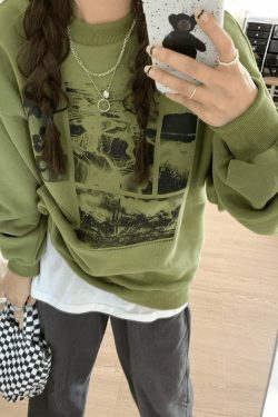 Vintage Aesthetic Landscape Print Crew Sweatshirt - Y2K Fashion Coquette Style Grunge Outfits