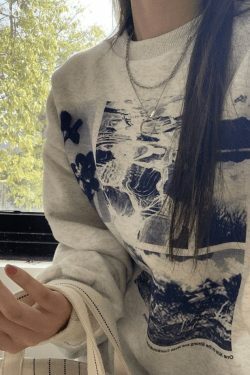 Vintage Aesthetic Landscape Print Crew Sweatshirt - Y2K Fashion Coquette Style Grunge Outfits