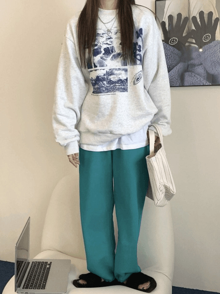 Vintage Aesthetic Landscape Print Crew Sweatshirt - Y2K Fashion Coquette Style Grunge Outfits