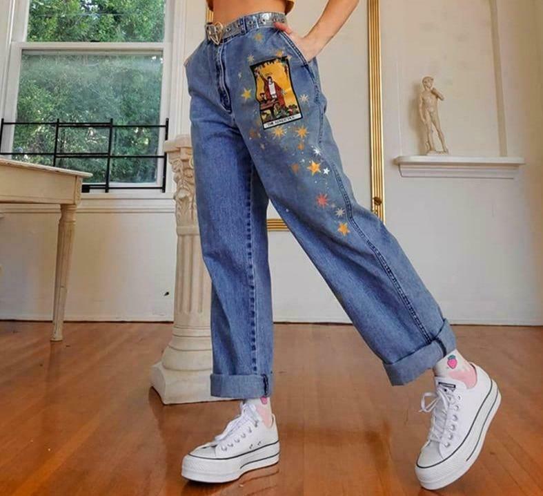 Vintage Art Hoe Printed Denim Cargo Skirt - Y2K Aesthetic Grunge Style Women's Fashion