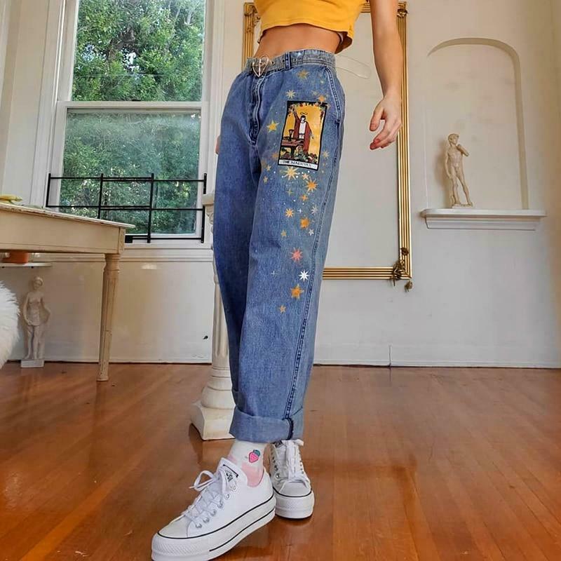 Vintage Art Hoe Printed Denim Cargo Skirt - Y2K Aesthetic Grunge Style Women's Fashion