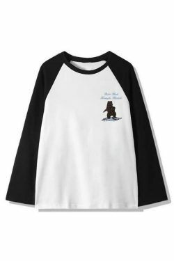 Vintage Bear Print Raglan Oversized Long Sleeve Tee