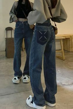 Vintage Blue Print Back Boyfriend Jeans - Y2K Fashion Aesthetic Women's Denim Trousers