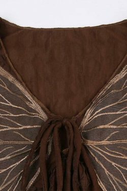 Vintage Brown Butterfly Print Lace-Up Blouse with Long Sleeves - Y2K Fashion Aesthetic