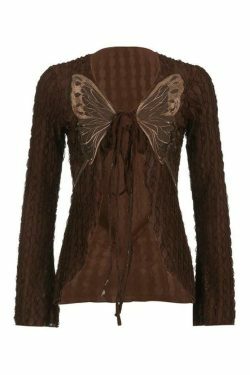 Vintage Brown Butterfly Print Lace-Up Blouse with Long Sleeves - Y2K Fashion Aesthetic
