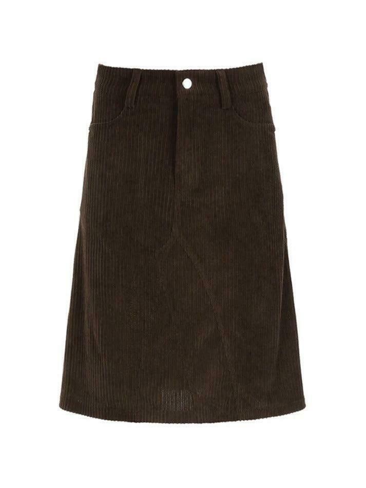 Vintage Brown Corduroy High Rise A-line Midi Skirt - Y2K Fashion Niche Women's Clothing Vintage Brown Corduroy High Rise A-line Midi Skirt - Y2K Fashion Niche Women's Clothing
