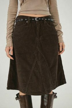 Vintage Brown Corduroy High Rise A-line Midi Skirt - Y2K Fashion Niche Women's Clothing