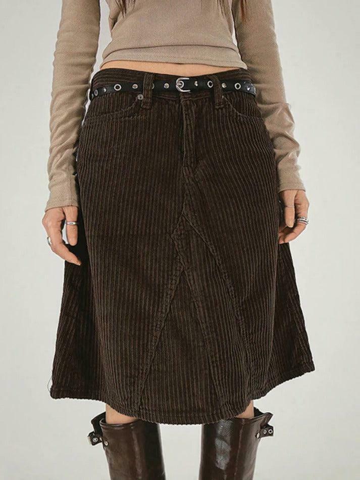 Vintage Brown Corduroy High Rise A-line Midi Skirt - Y2K Fashion Niche Women's Clothing Vintage Brown Corduroy High Rise A-line Midi Skirt - Y2K Fashion Niche Women's Clothing