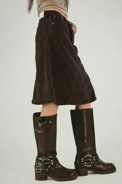 Vintage Brown Corduroy High Rise A-line Midi Skirt - Y2K Fashion Niche Women's Clothing