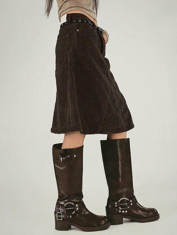 Vintage Brown Corduroy High Rise A-line Midi Skirt - Y2K Fashion Niche Women's Clothing Vintage Brown Corduroy High Rise A-line Midi Skirt - Y2K Fashion Niche Women's Clothing