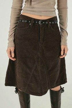 Vintage Brown Corduroy High Rise A-line Midi Skirt - Y2K Fashion Niche Women's Clothing