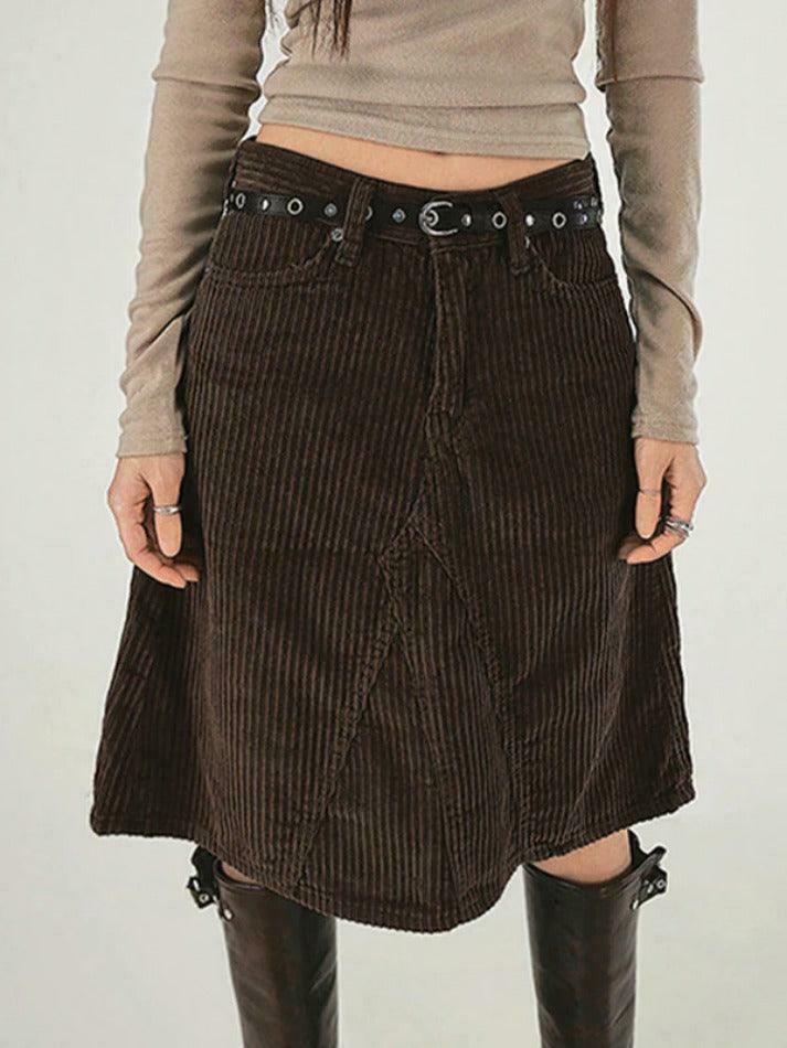 Vintage Brown Corduroy High Rise A-line Midi Skirt - Y2K Fashion Niche Women's Clothing Vintage Brown Corduroy High Rise A-line Midi Skirt - Y2K Fashion Niche Women's Clothing