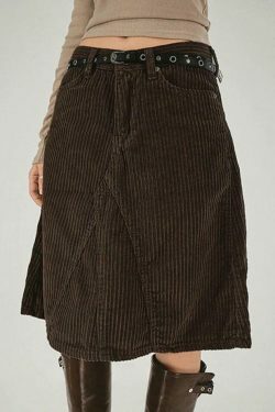 Vintage Brown Corduroy High Rise A-line Midi Skirt - Y2K Fashion Niche Women's Clothing