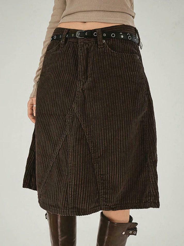 Vintage Brown Corduroy High Rise A-line Midi Skirt - Y2K Fashion Niche Women's Clothing Vintage Brown Corduroy High Rise A-line Midi Skirt - Y2K Fashion Niche Women's Clothing
