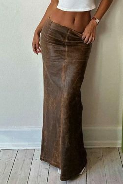 Vintage Brown Leather Maxi Skirt with Back Slit - Y2K Fashion Statement Piece