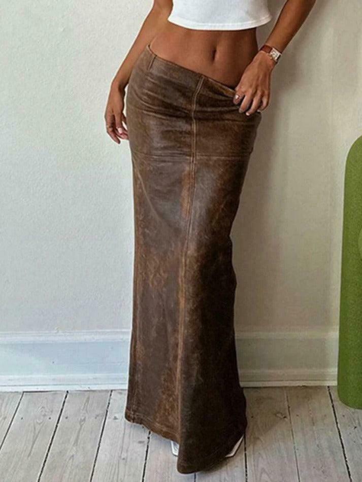 Vintage Brown Leather Maxi Skirt with Back Slit - Y2K Fashion Statement Piece Vintage Brown Leather Maxi Skirt with Back Slit - Y2K Fashion Statement Piece