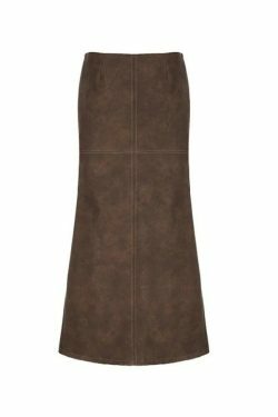Vintage Brown Leather Maxi Skirt with Back Slit - Y2K Fashion Statement Piece