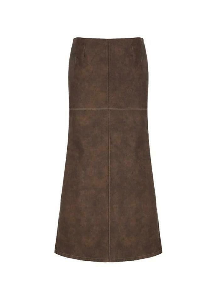 Vintage Brown Leather Maxi Skirt with Back Slit - Y2K Fashion Statement Piece Vintage Brown Leather Maxi Skirt with Back Slit - Y2K Fashion Statement Piece
