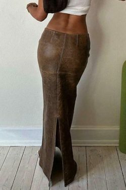 Vintage Brown Leather Maxi Skirt with Back Slit - Y2K Fashion Statement Piece