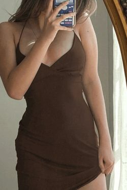 Vintage Brown Slip Mini Dress - Y2K Fashion Coquette Aesthetic Grunge Style - Retro Women's Clothing