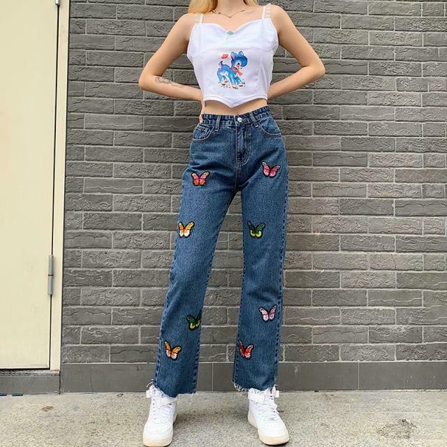 Vintage Butterfly Denim Jeans - Y2K Fashion Aesthetic with Coquette and Grunge Style