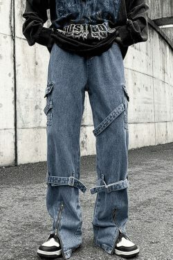 Vintage Cargo Jeans with Men's Strap Detail - Y2K Fashion - Coquette Grunge Aesthetic